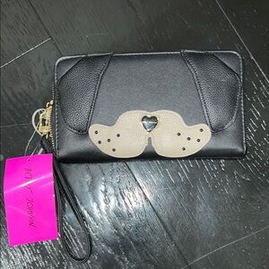 Betsey Johnson Black and Tan Wallet with Dog Detail and Heart Nose